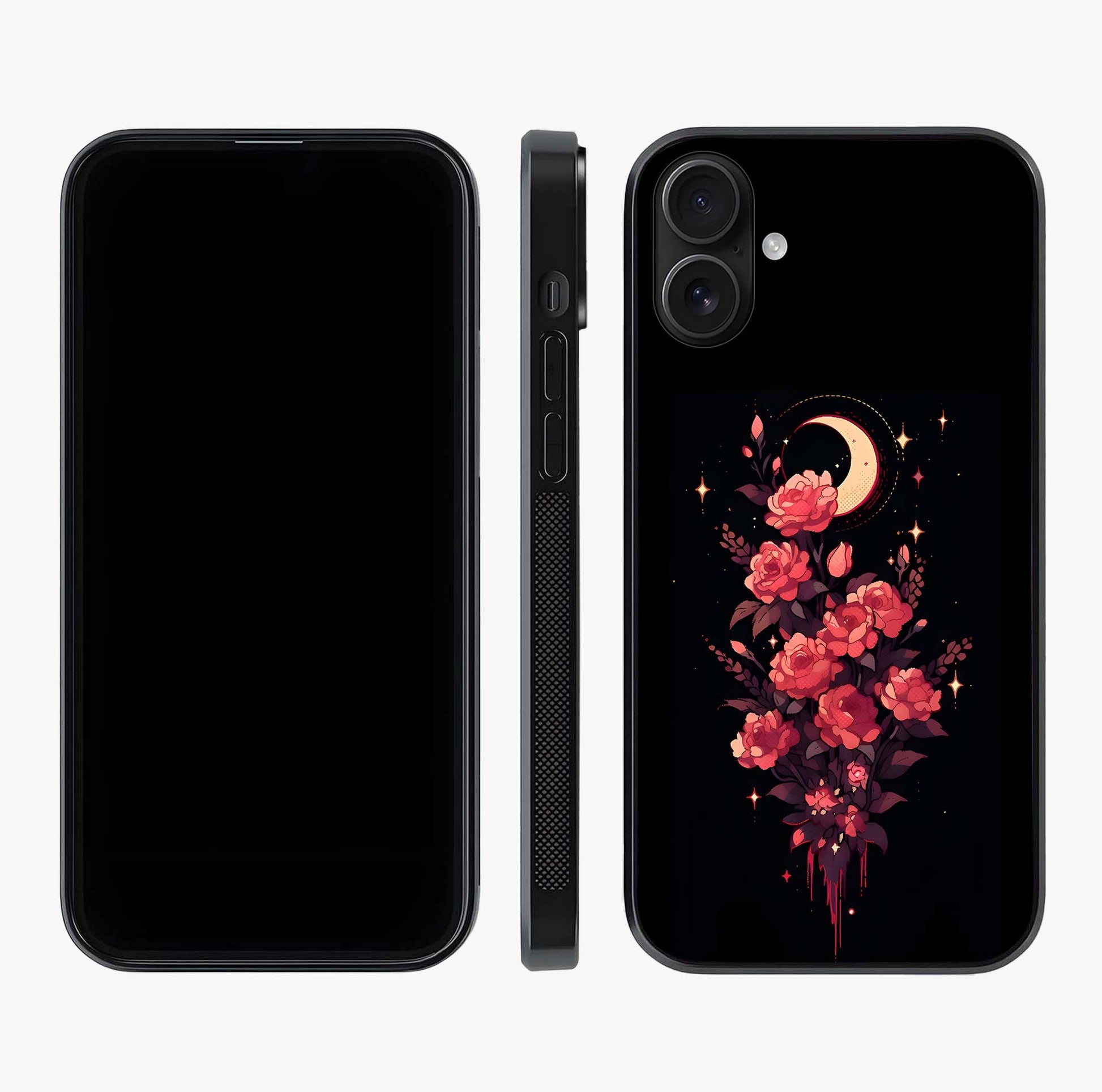 Moonlit Floral Elegance Glass Case displayed upright for full design visibility and premium finish.