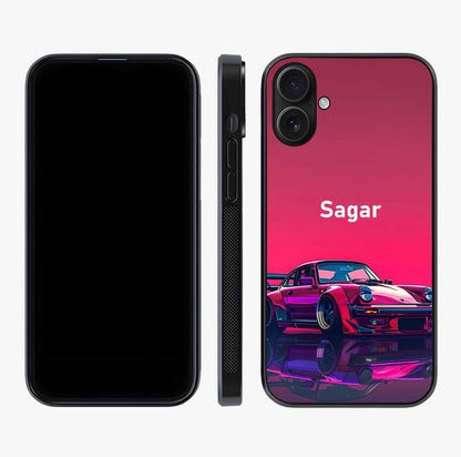 Neon Pink Porsche Glass Case displayed upright for full design visibility and premium finish.