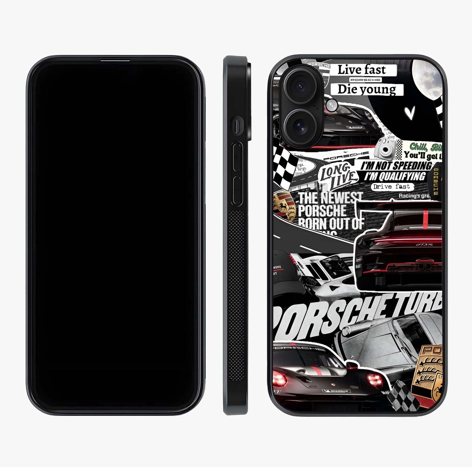 Porsche Racing Collage Glass Case displayed upright for full design visibility and premium finish.