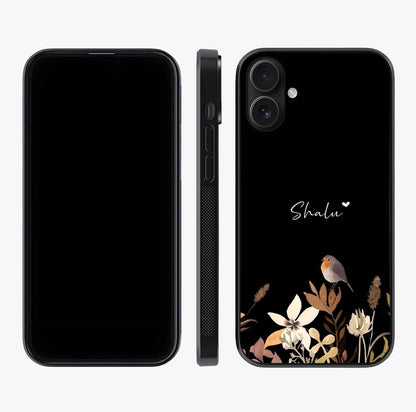Quiet Garden Tune Custom Name Glass Case displayed upright for full design visibility and premium finish.
