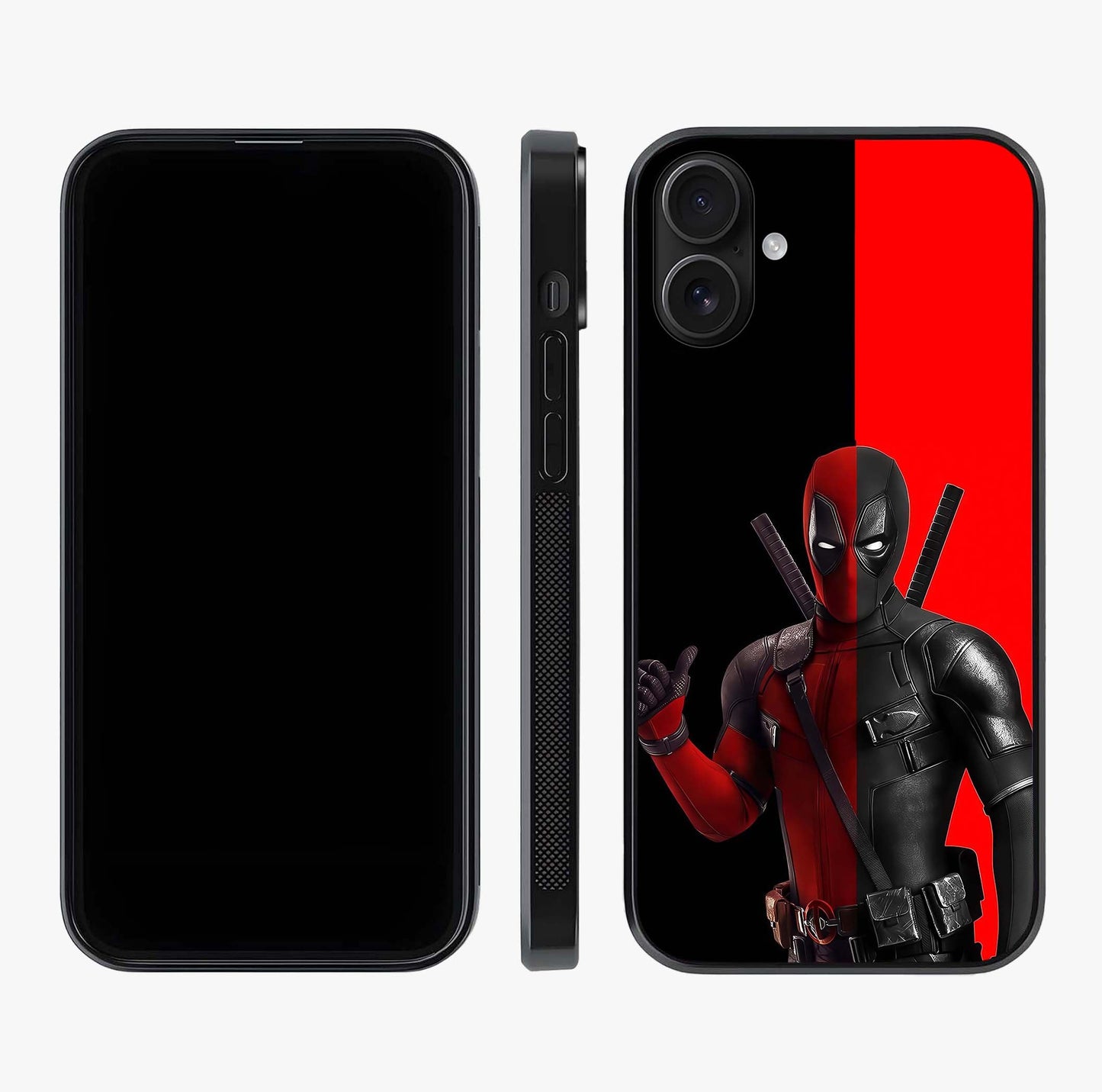 Red & Black Deadpool Theme Glass Case displayed upright for full design visibility and premium finish.