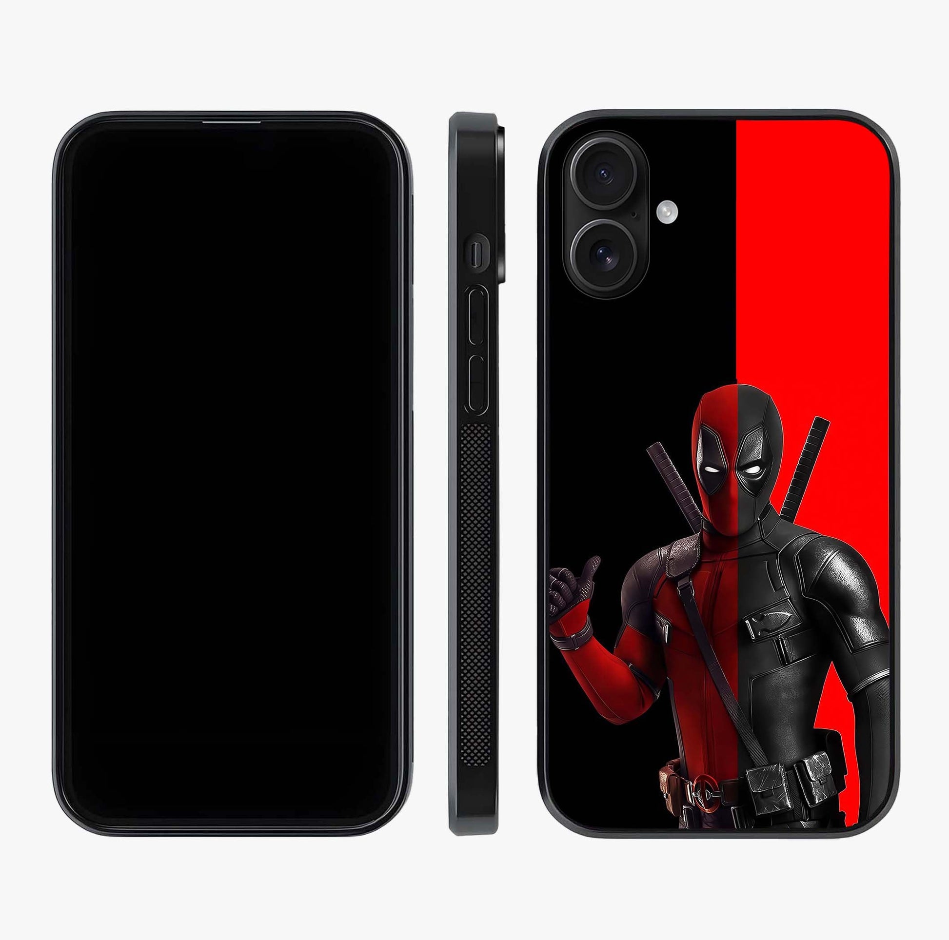 Red & Black Deadpool Theme Glass Case displayed upright for full design visibility and premium finish.