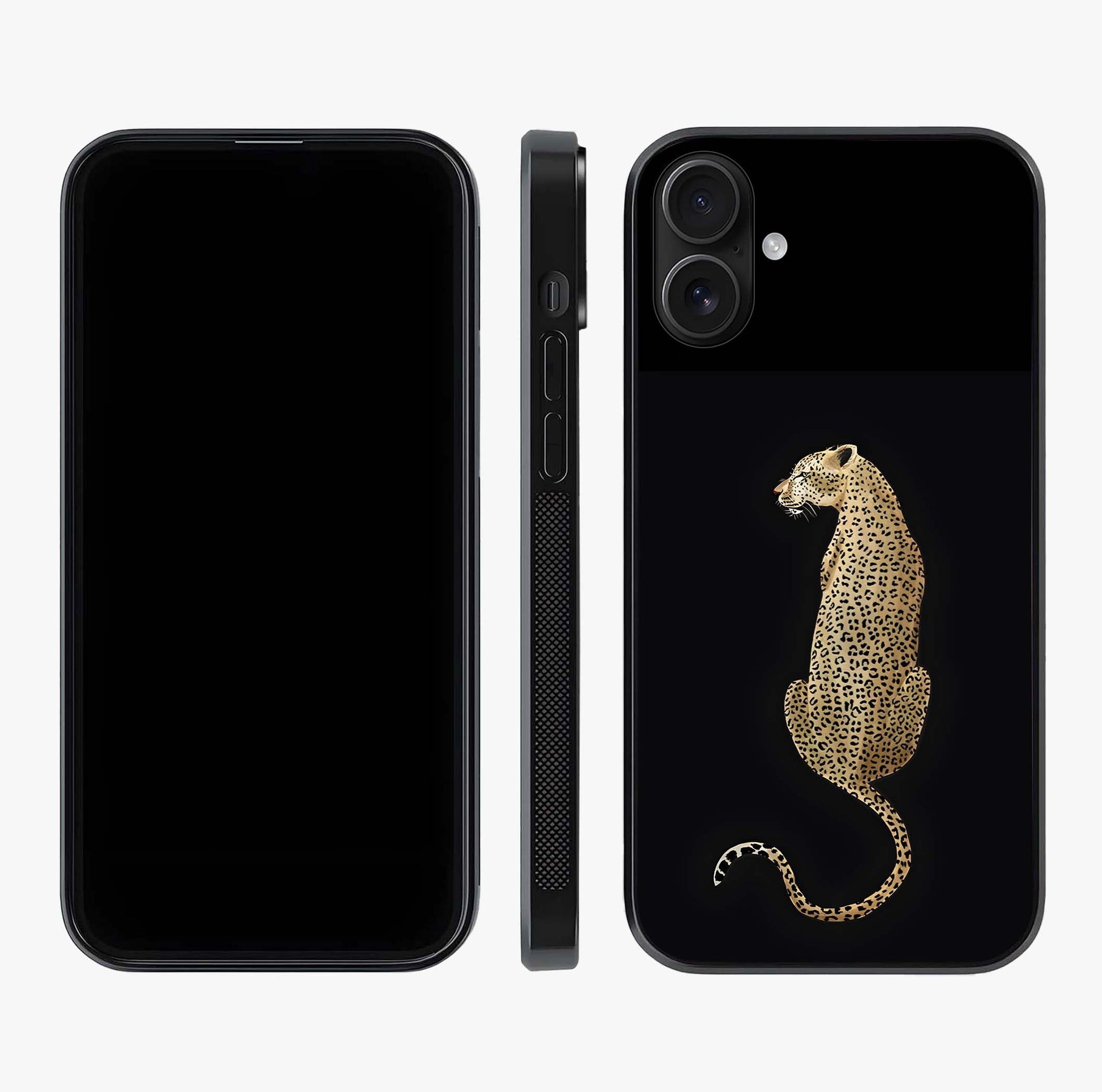 Regal Leopard Glass Case displayed upright for full design visibility and premium finish.