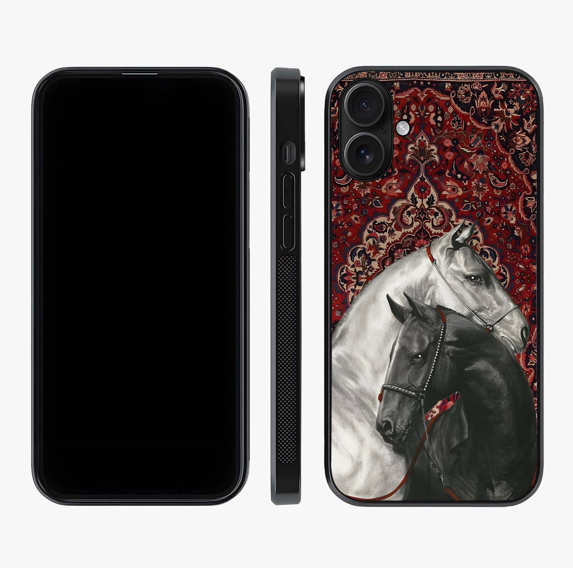 Regal Stallion Tapestry Glass Case displayed upright for full design visibility and premium finish.