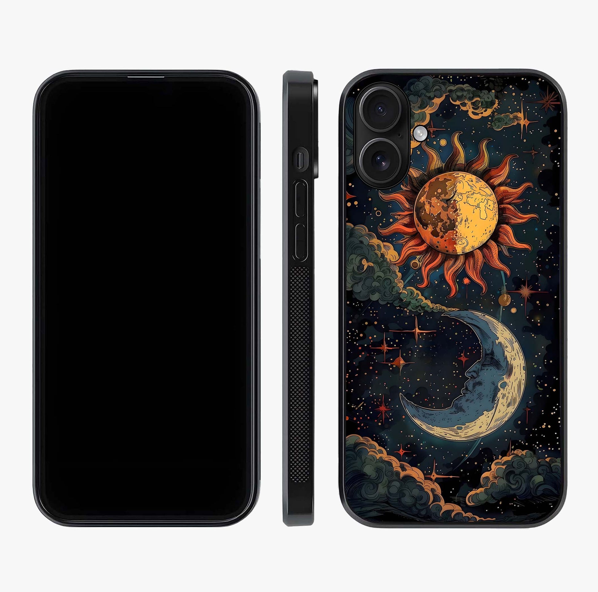 Sun And Moon Magic Design Glass Case displayed upright for full design visibility and premium finish.