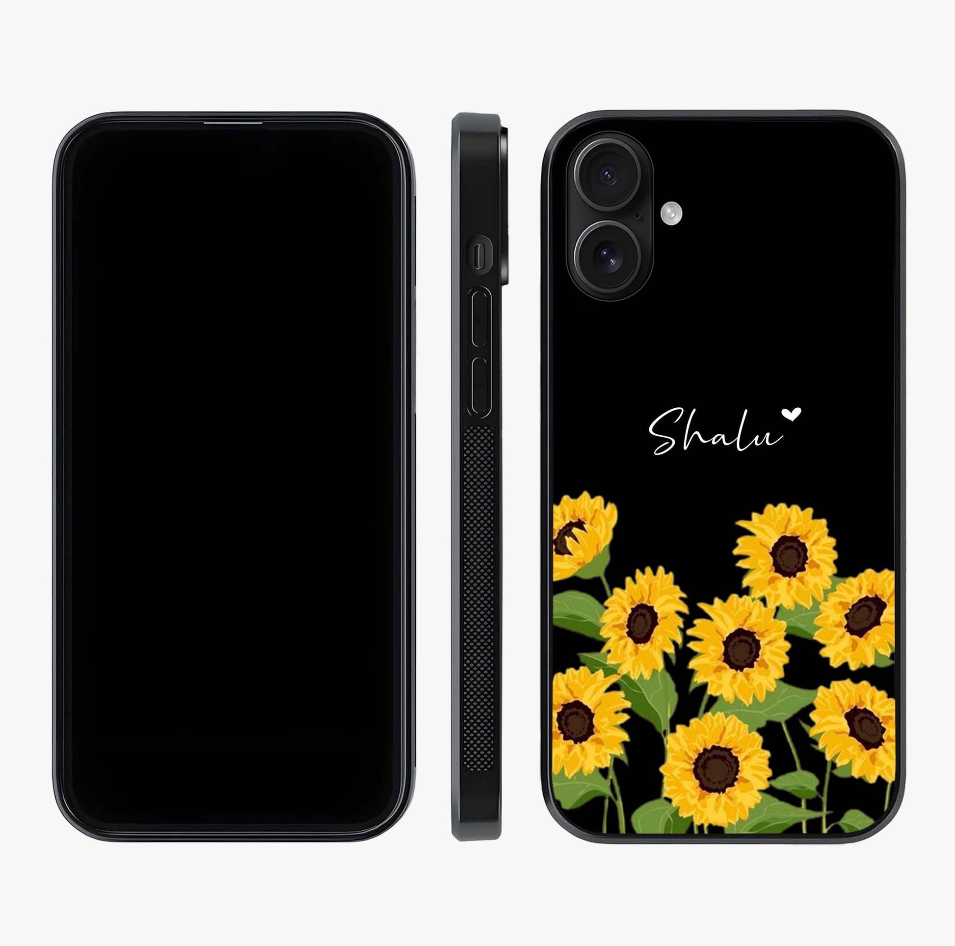 Sunflower Chic Mood Custom Name Glass Case displayed upright for full design visibility and premium finish.