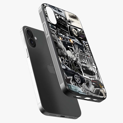 Aesthetic Dark Love Glass Case laid diagonally highlighting side profile, edges and glossy glass shine.