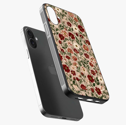 Biege Flower With Leaf Glass Case laid diagonally highlighting side profile, edges and glossy glass shine.