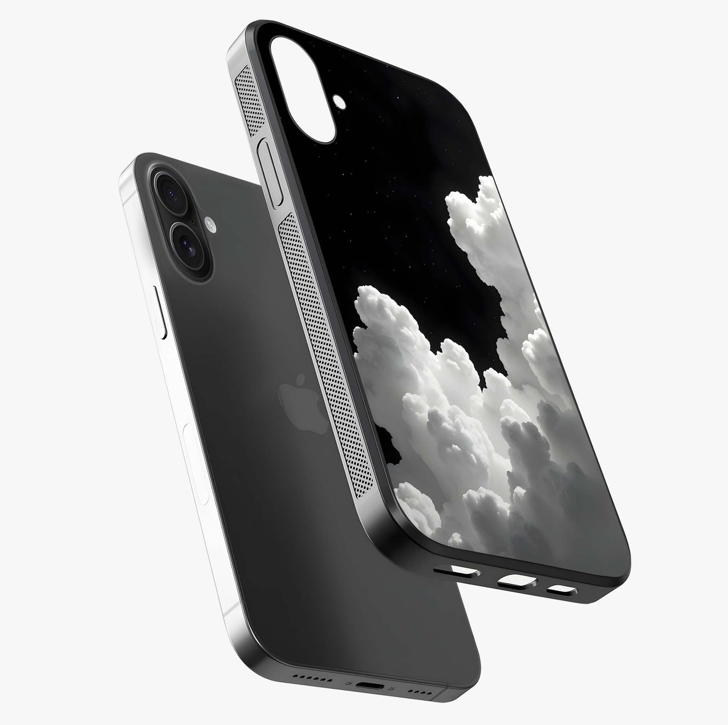 Black Background With White Cloud Glass Case laid diagonally highlighting side profile, edges and glossy glass shine.