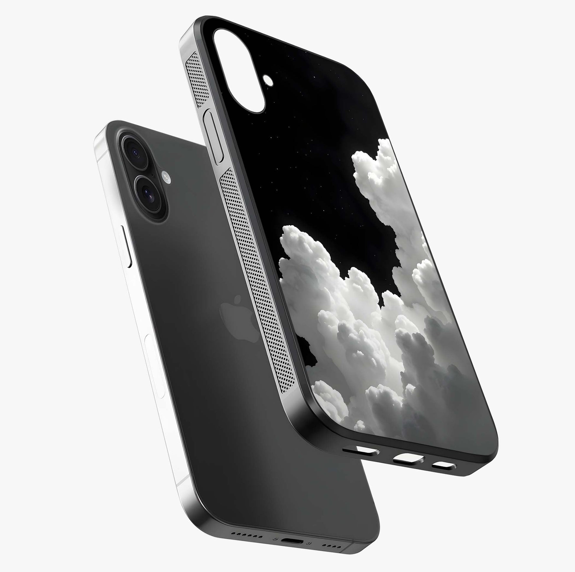 Black Background With White Cloud Glass Case laid diagonally highlighting side profile, edges and glossy glass shine.