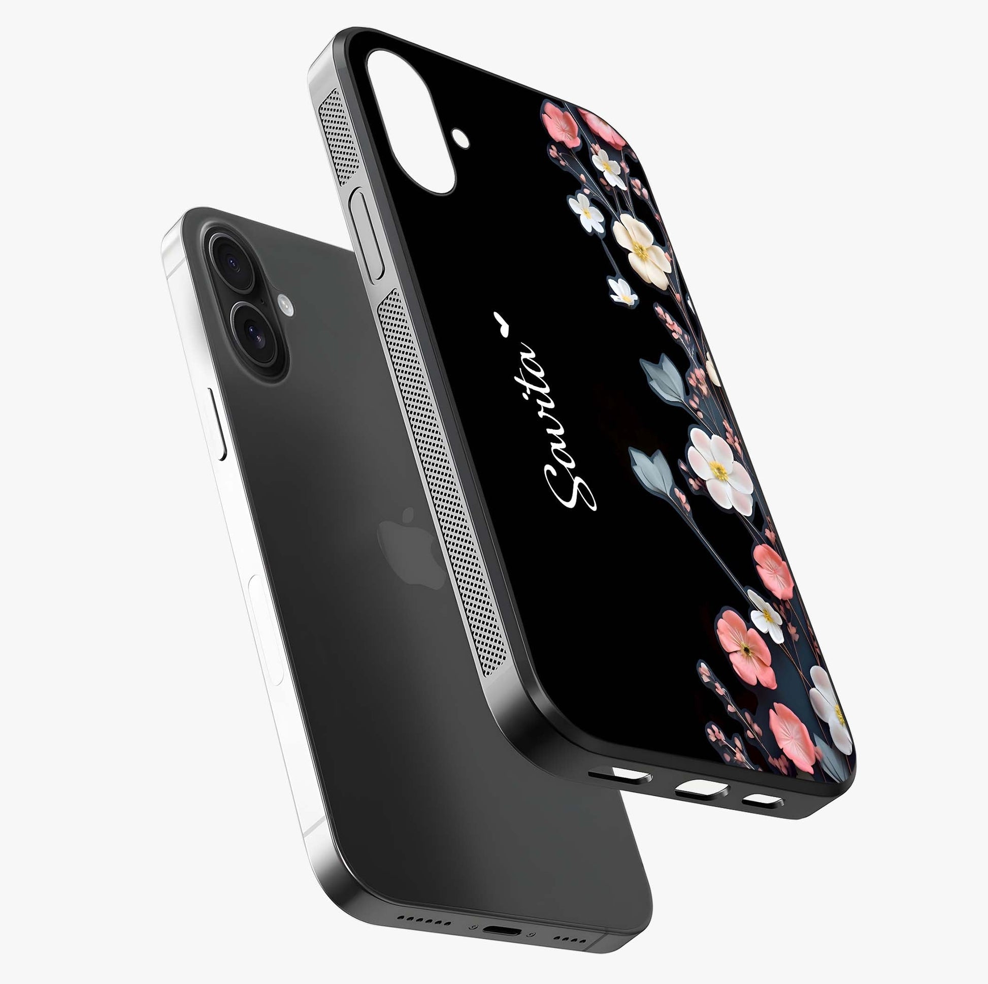 Black Elegance Floral Custom Name Glass Case laid diagonally highlighting side profile, edges and glossy glass shine.