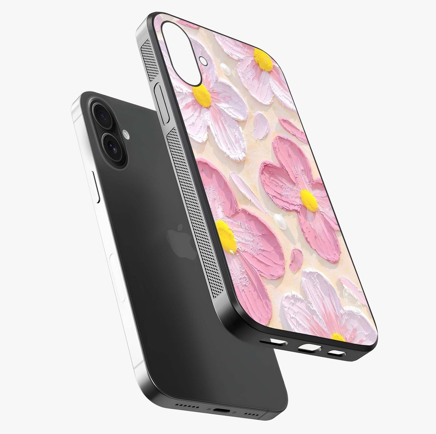Blush Bloom Texture Glass Case laid diagonally highlighting side profile, edges and glossy glass shine.