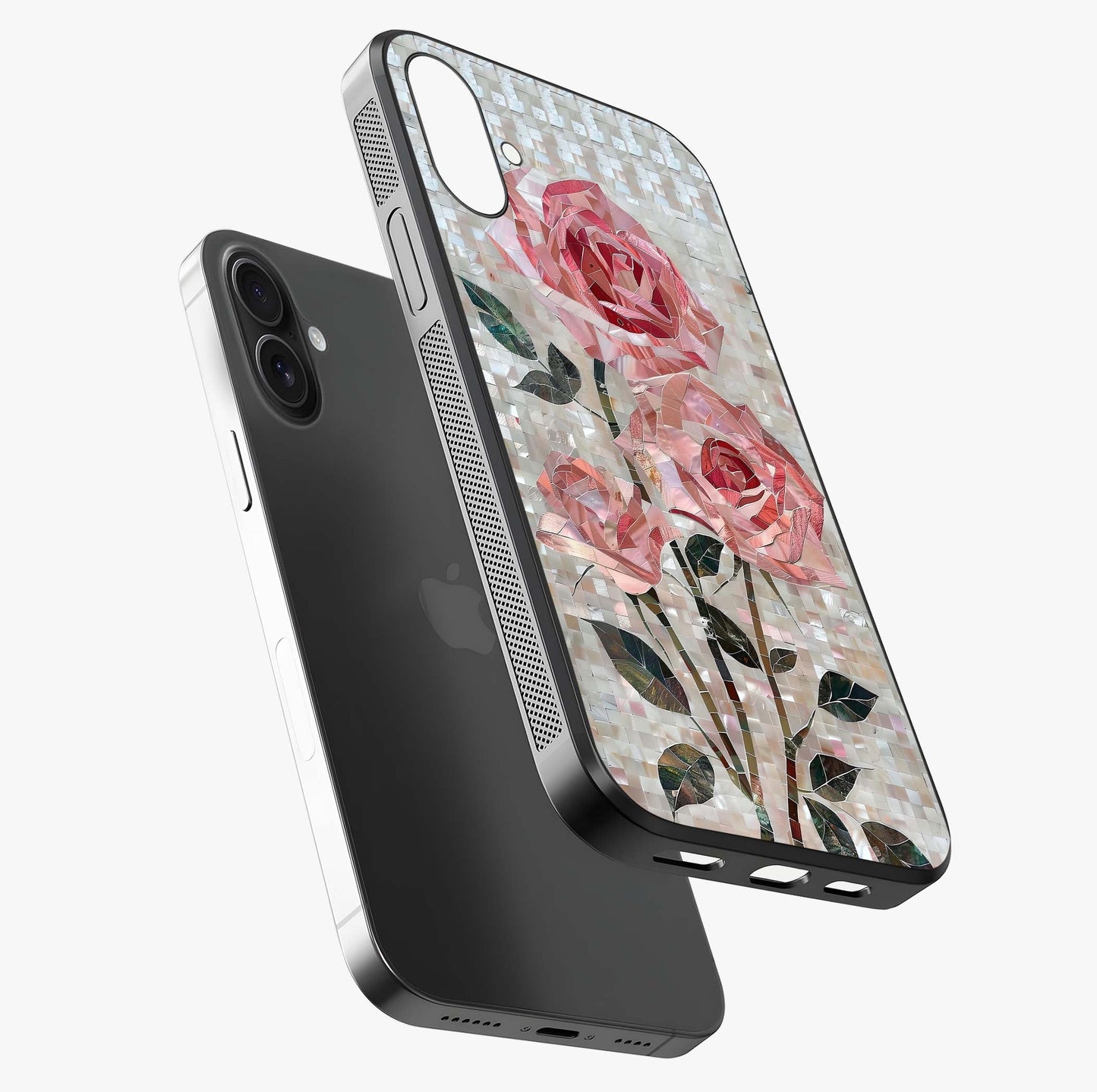 Blush Mosaic Bloom Glass Case laid diagonally highlighting side profile, edges and glossy glass shine.