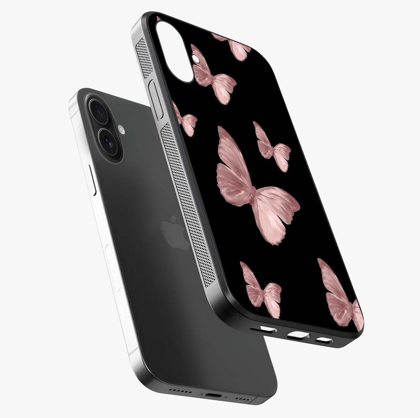 Butterfly Pattern Glass Case laid diagonally highlighting side profile, edges and glossy glass shine.