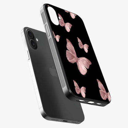 Butterfly Pattern Glass Case laid diagonally highlighting side profile, edges and glossy glass shine.