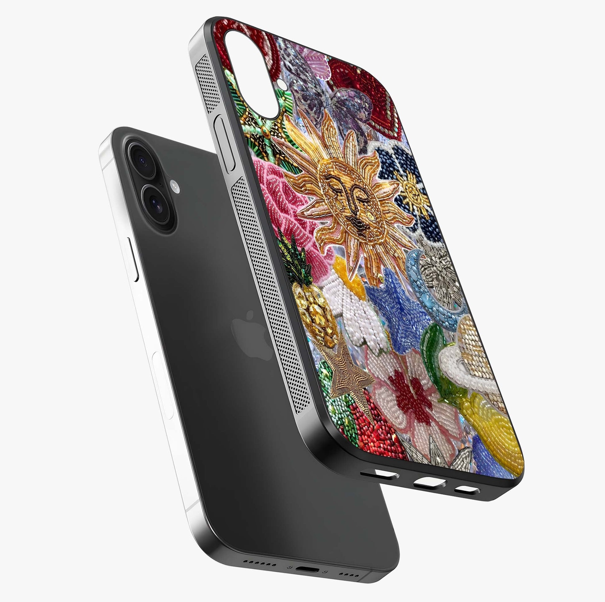 Celestial Floral And Playful Glass Case laid diagonally highlighting side profile, edges and glossy glass shine.