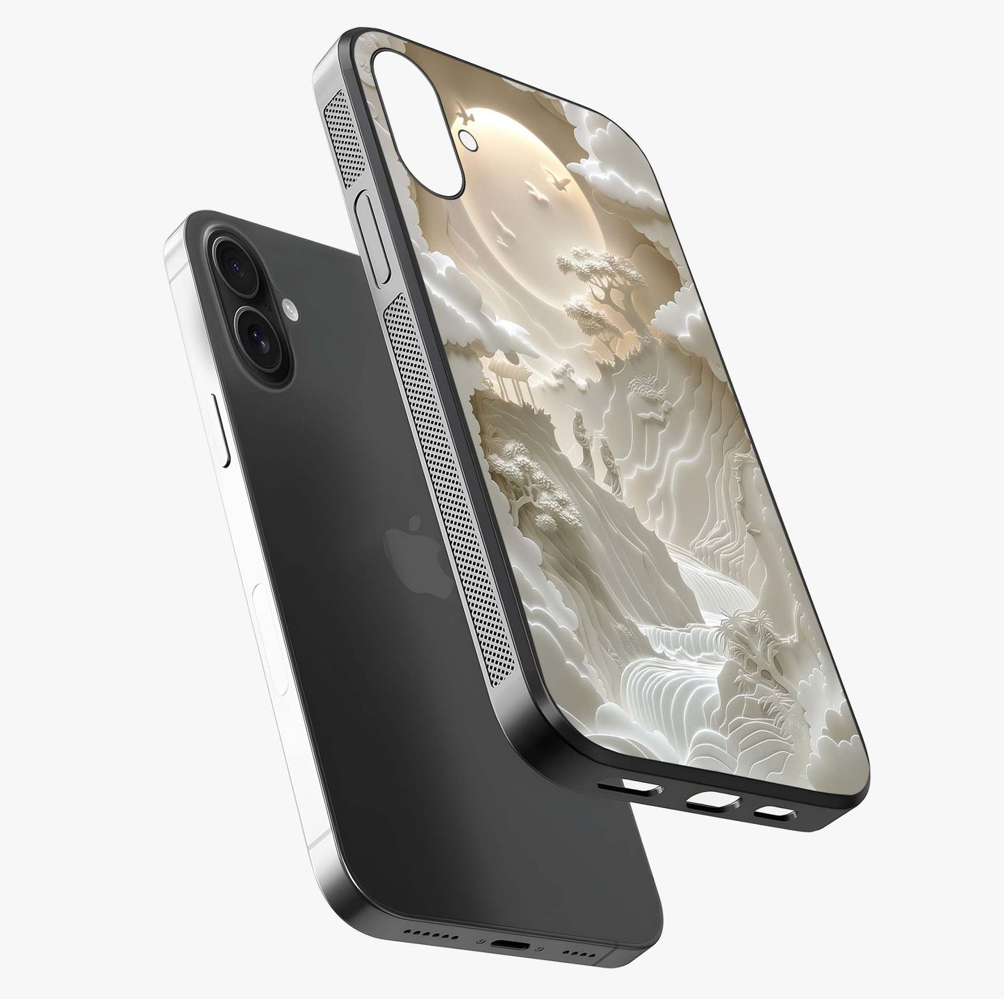 Celestial Origami Glass Case laid diagonally highlighting side profile, edges and glossy glass shine.