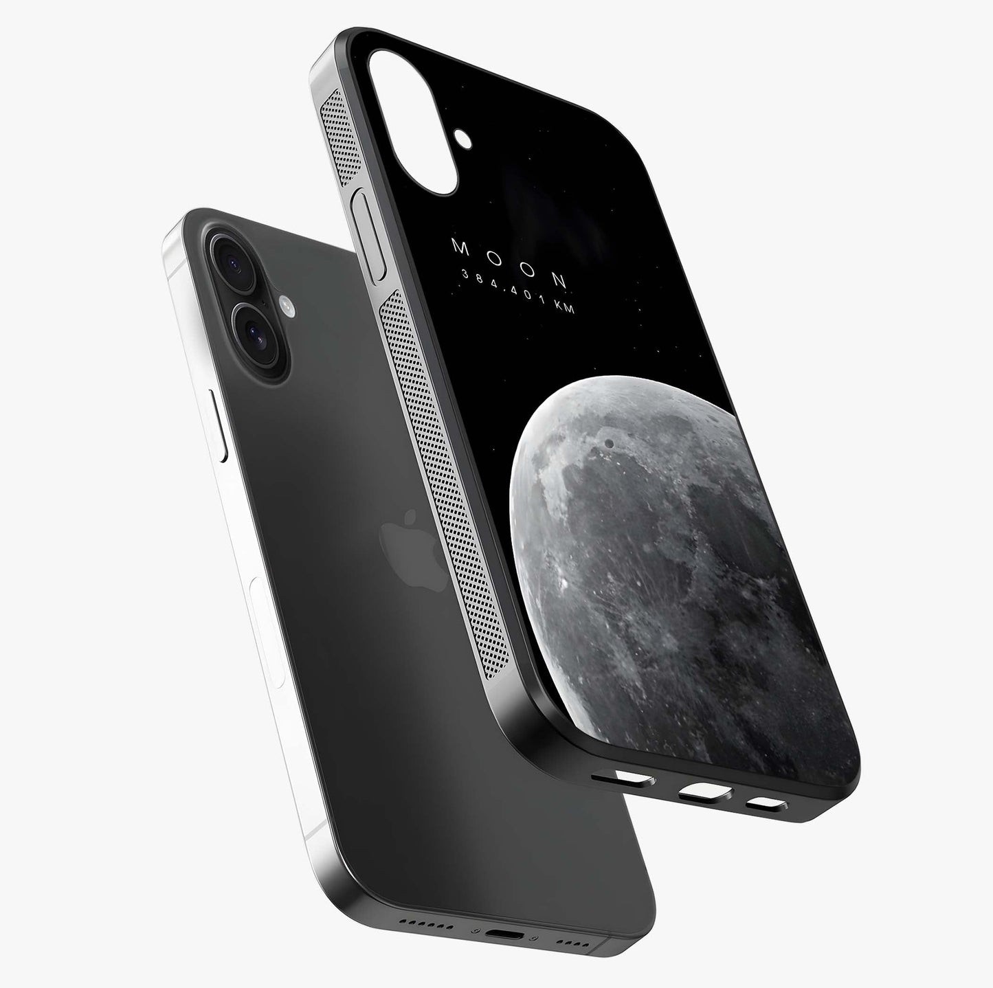 Cosmic Moon Glow Glass Case laid diagonally highlighting side profile, edges and glossy glass shine.