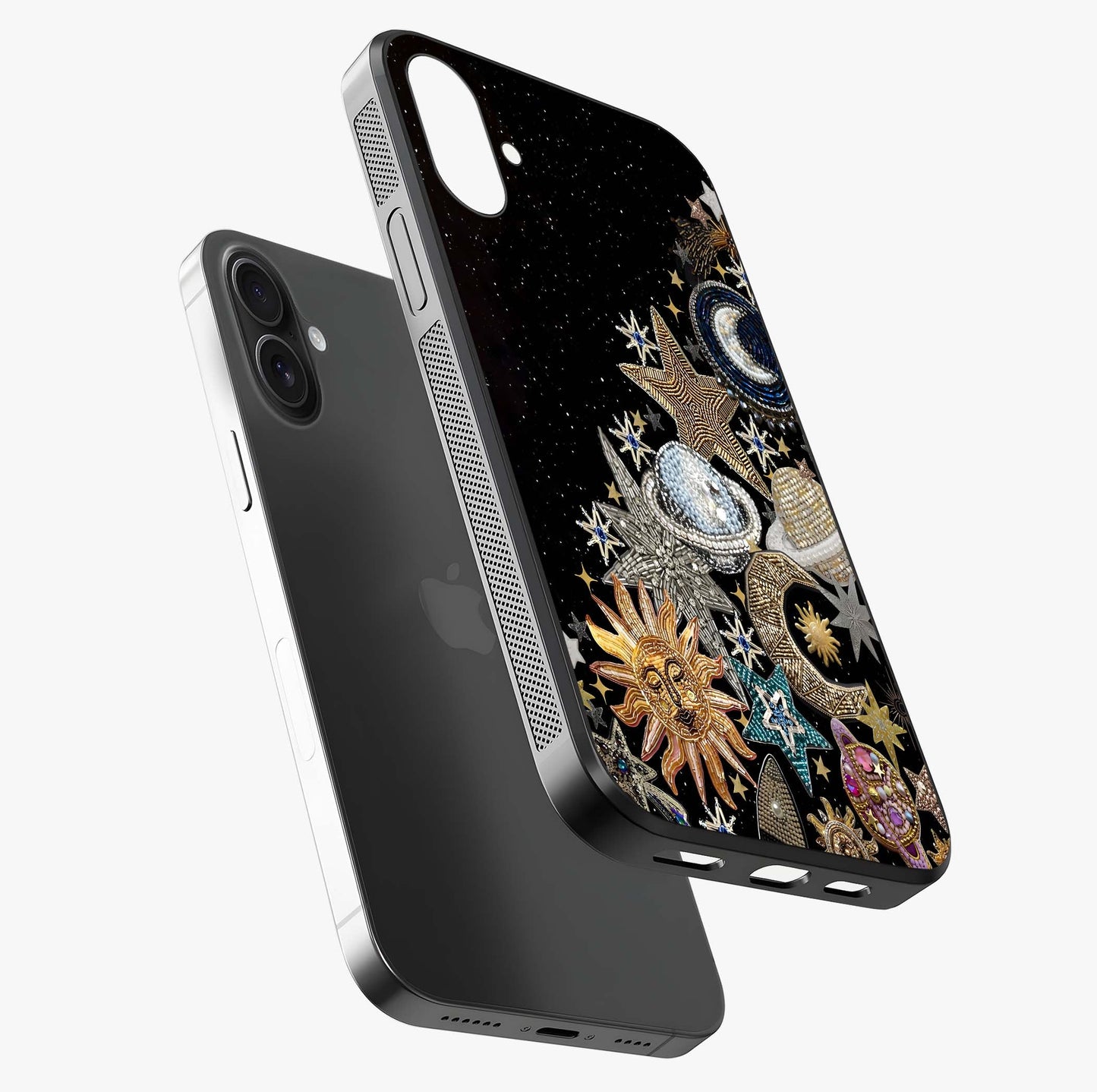 Cosmic Sparkle Dreams Glass Case laid diagonally highlighting side profile, edges and glossy glass shine.