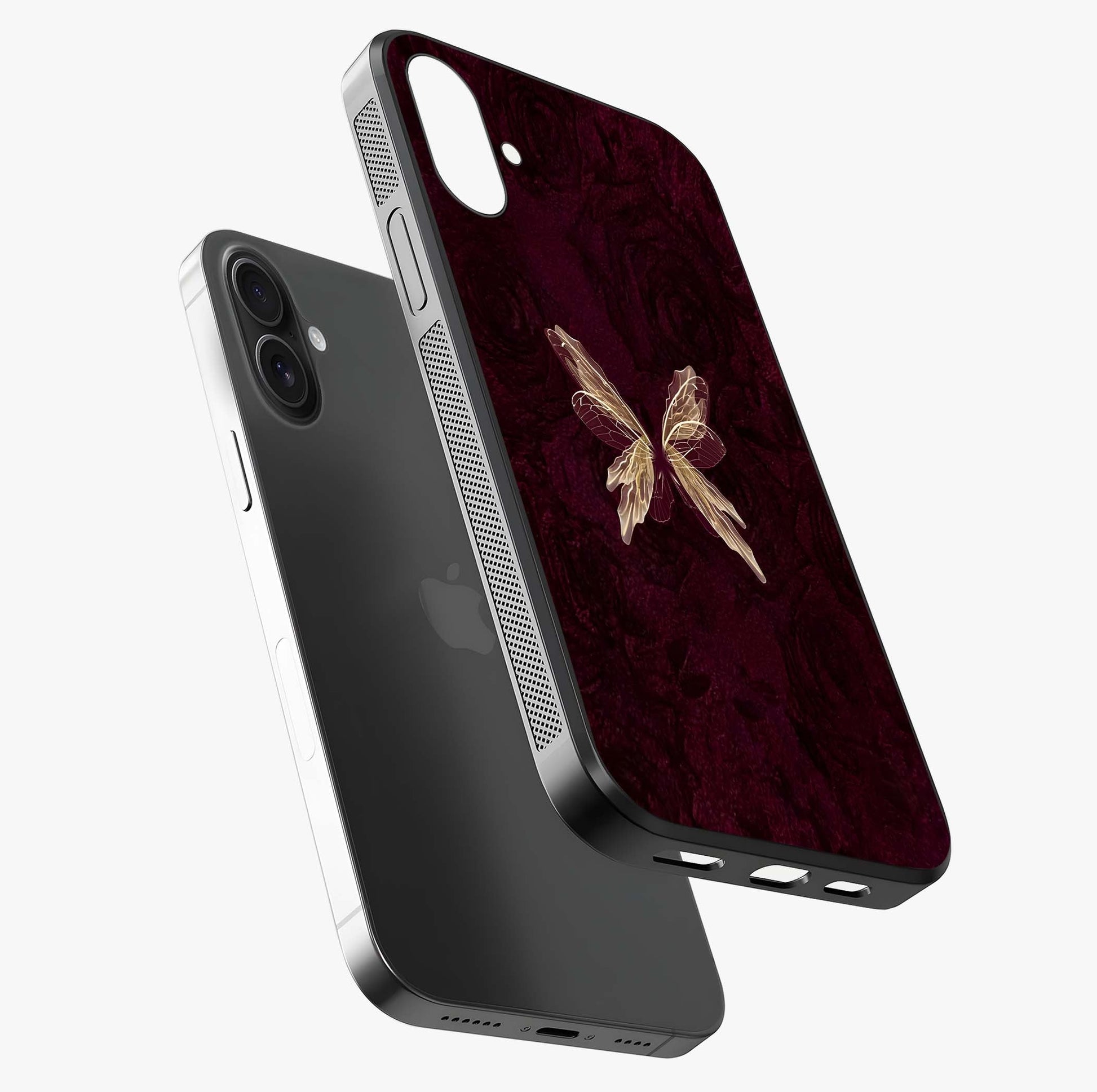 Crimson Fade Butterfly Glass Case laid diagonally highlighting side profile, edges and glossy glass shine.