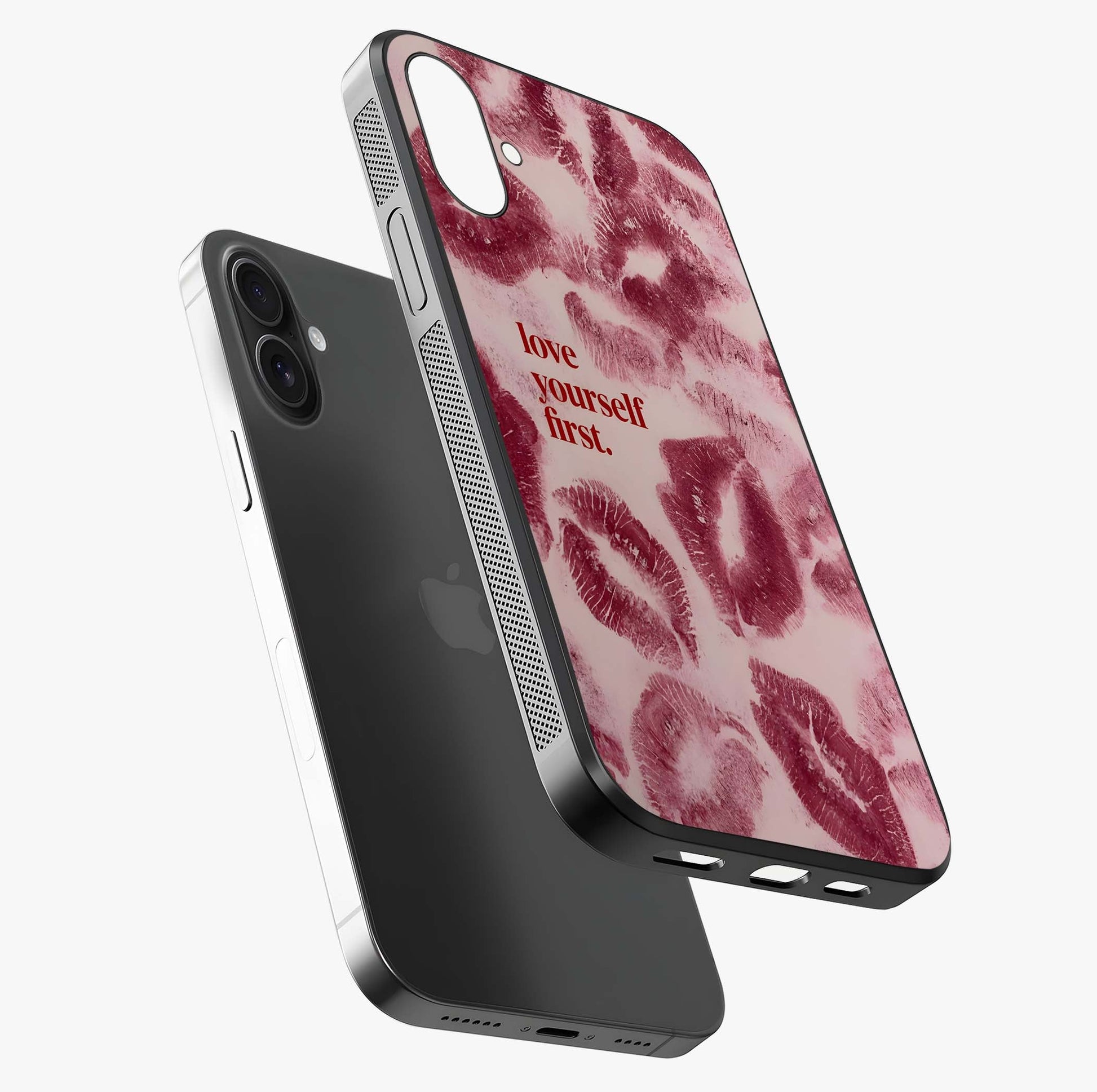 Crimson Kiss Love Glass Case laid diagonally highlighting side profile, edges and glossy glass shine.