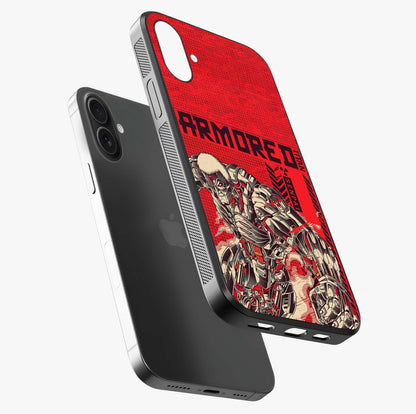 Crimson Mecha Titan Glass Case laid diagonally highlighting side profile, edges and glossy glass shine.