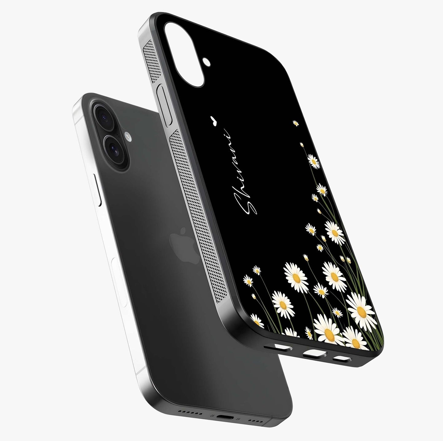 Daisy Cascade Custom Name Glass Case laid diagonally highlighting side profile, edges and glossy glass shine.