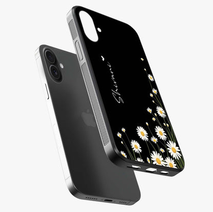 Daisy Cascade Custom Name Glass Case laid diagonally highlighting side profile, edges and glossy glass shine.