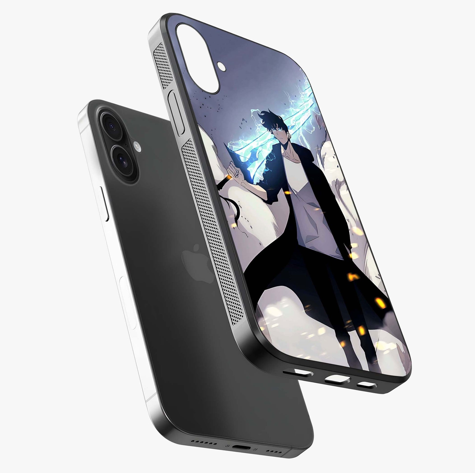 Dark Lightning Anime Warrior Glass Case laid diagonally highlighting side profile, edges and glossy glass shine.