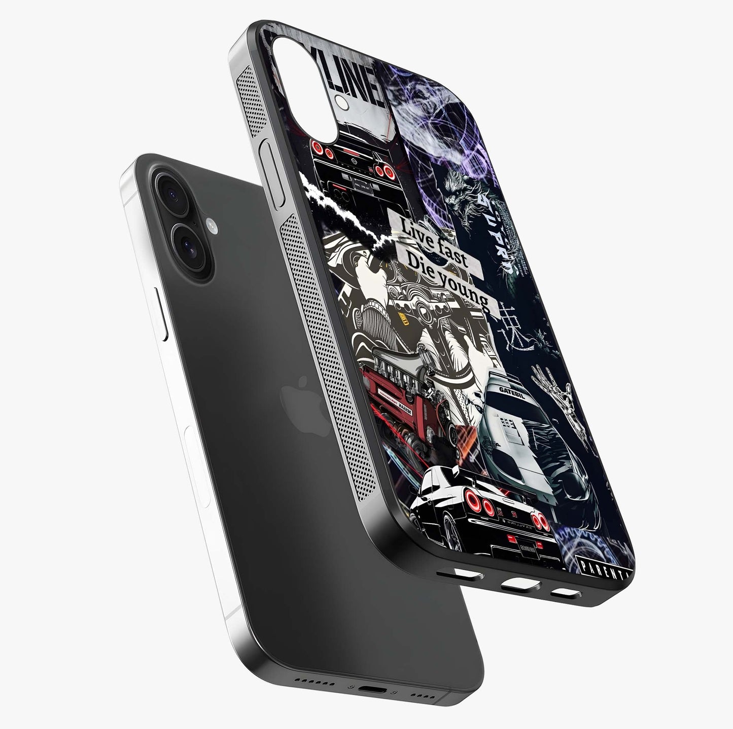 Die Young Glass Case laid diagonally highlighting side profile, edges and glossy glass shine.