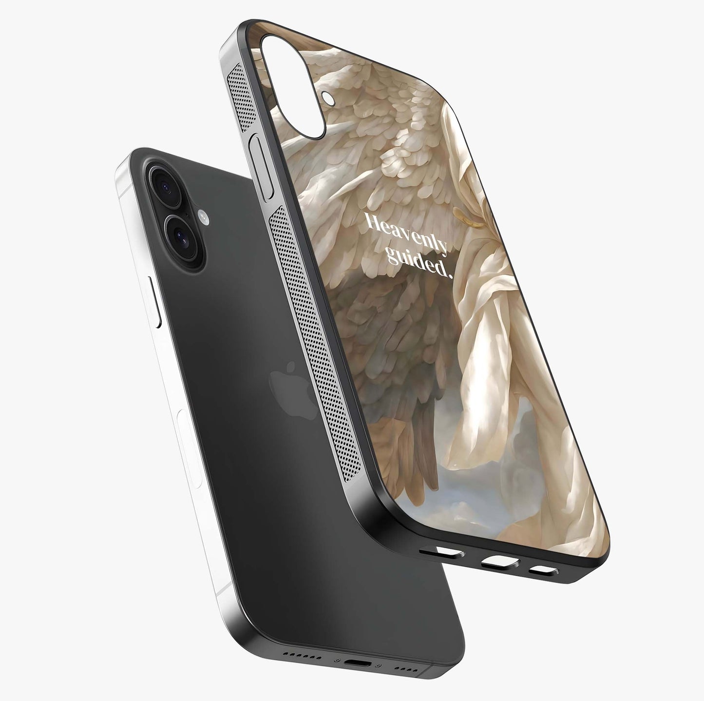 Divine Winged Grace Glass Case laid diagonally highlighting side profile, edges and glossy glass shine.