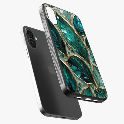 Emerald Leaf Glass Glass Case laid diagonally highlighting side profile, edges and glossy glass shine.