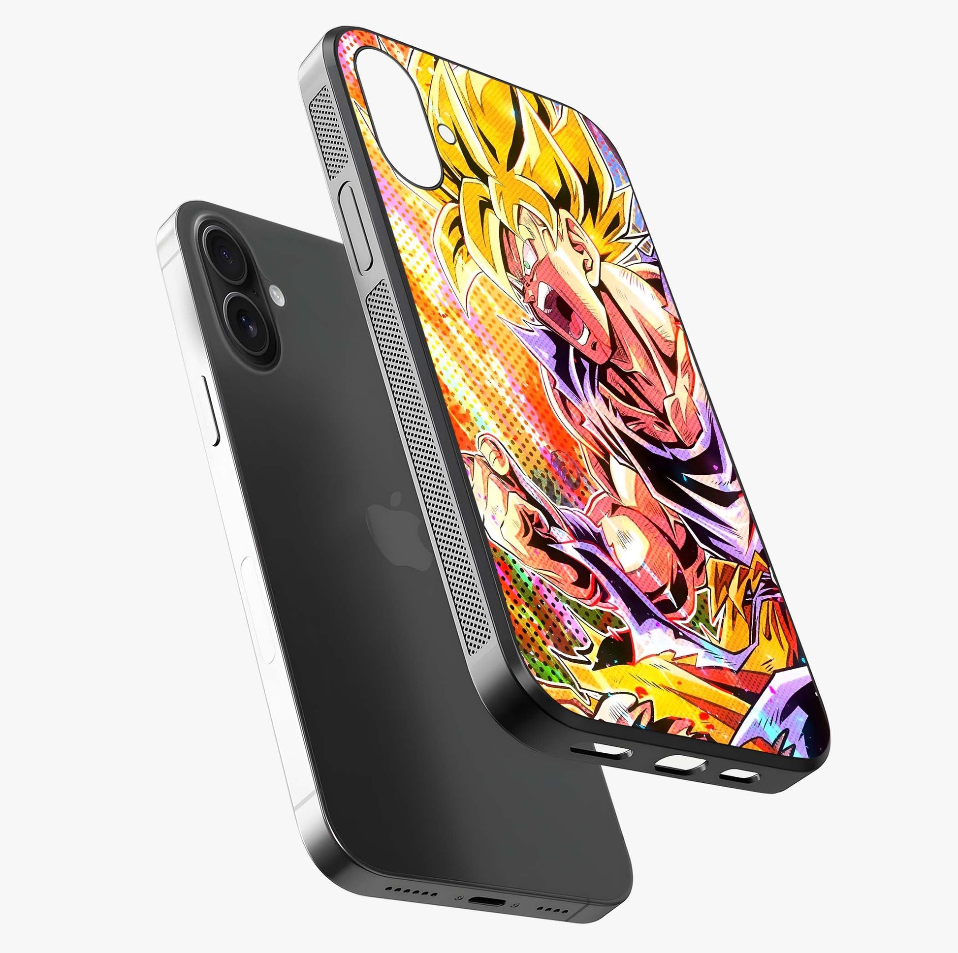 Firing Goku Glass Case laid diagonally highlighting side profile, edges and glossy glass shine.