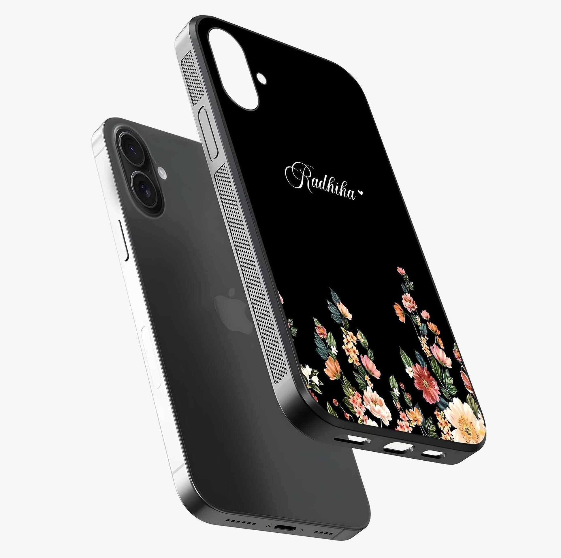 Floral Design With A Custom Personalized Name Glass Case laid diagonally highlighting side profile, edges and glossy glass shine.