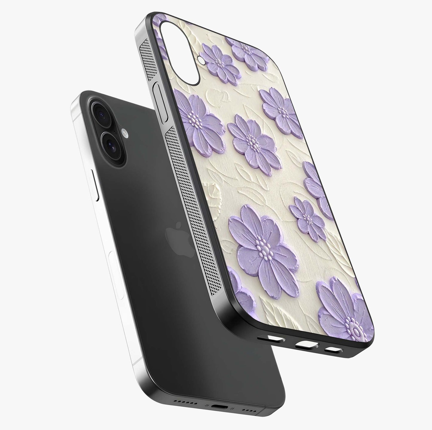 Floral Wall Art With Purple Flowers Glass Case laid diagonally highlighting side profile, edges and glossy glass shine.