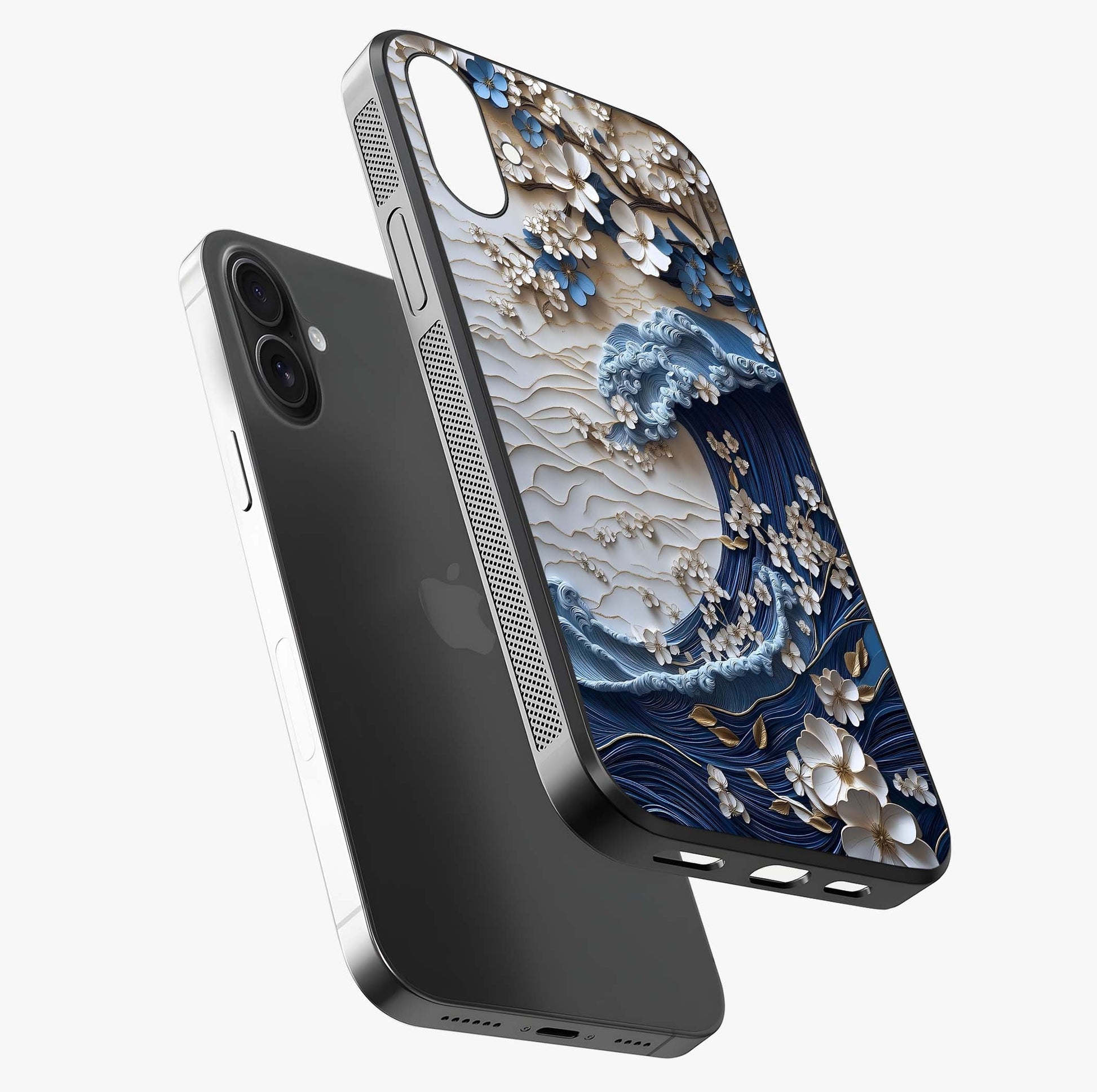 Floral Wave Origami Glass Case laid diagonally highlighting side profile, edges and glossy glass shine.