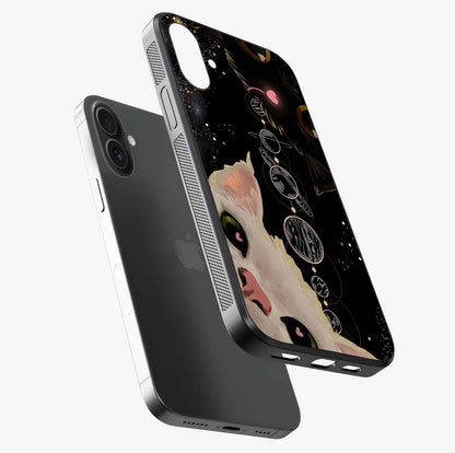 Galactic Cat Glass Case laid diagonally highlighting side profile, edges and glossy glass shine.