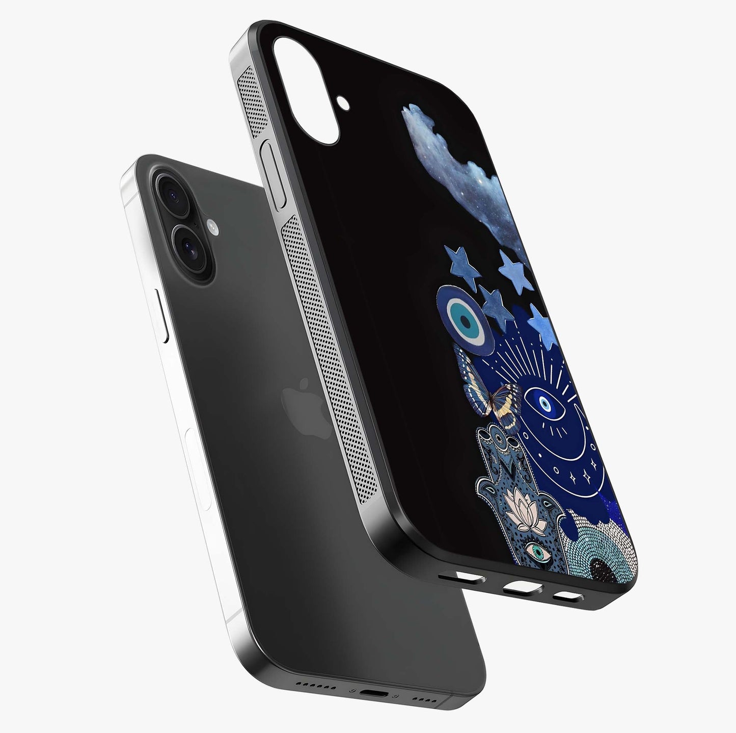Galactic Charm Cluster Glass Case laid diagonally highlighting side profile, edges and glossy glass shine.