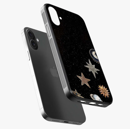 Galactic Charm Glow Glass Case laid diagonally highlighting side profile, edges and glossy glass shine.