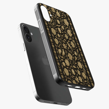 Golden Evil Eye Mandala Glass Case laid diagonally highlighting side profile, edges and glossy glass shine.