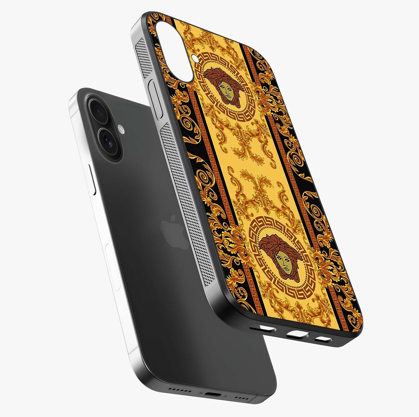 Golden Lotus Glow Glass Case laid diagonally highlighting side profile, edges and glossy glass shine.