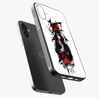 Itachi Limited Edition Naruto Anime Glass Case laid diagonally highlighting side profile, edges and glossy glass shine.