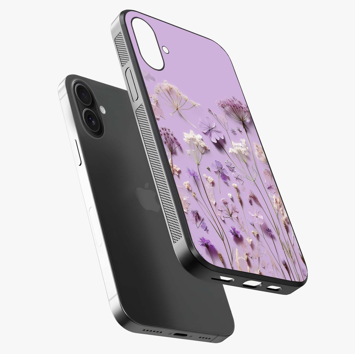 Lavender Blossom Dream Glass Case laid diagonally highlighting side profile, edges and glossy glass shine.
