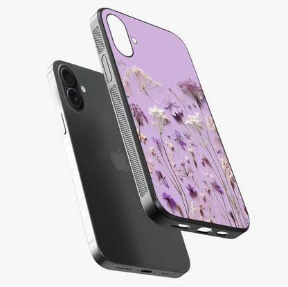 Lavender Blossom Dream Glass Case laid diagonally highlighting side profile, edges and glossy glass shine.