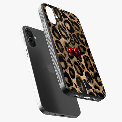 Leopard Wild Cherry Glass Case laid diagonally highlighting side profile, edges and glossy glass shine.