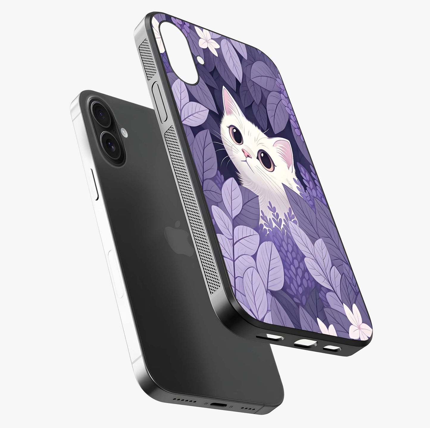 Lilac Hide Peek Cat Glass Case laid diagonally highlighting side profile, edges and glossy glass shine.
