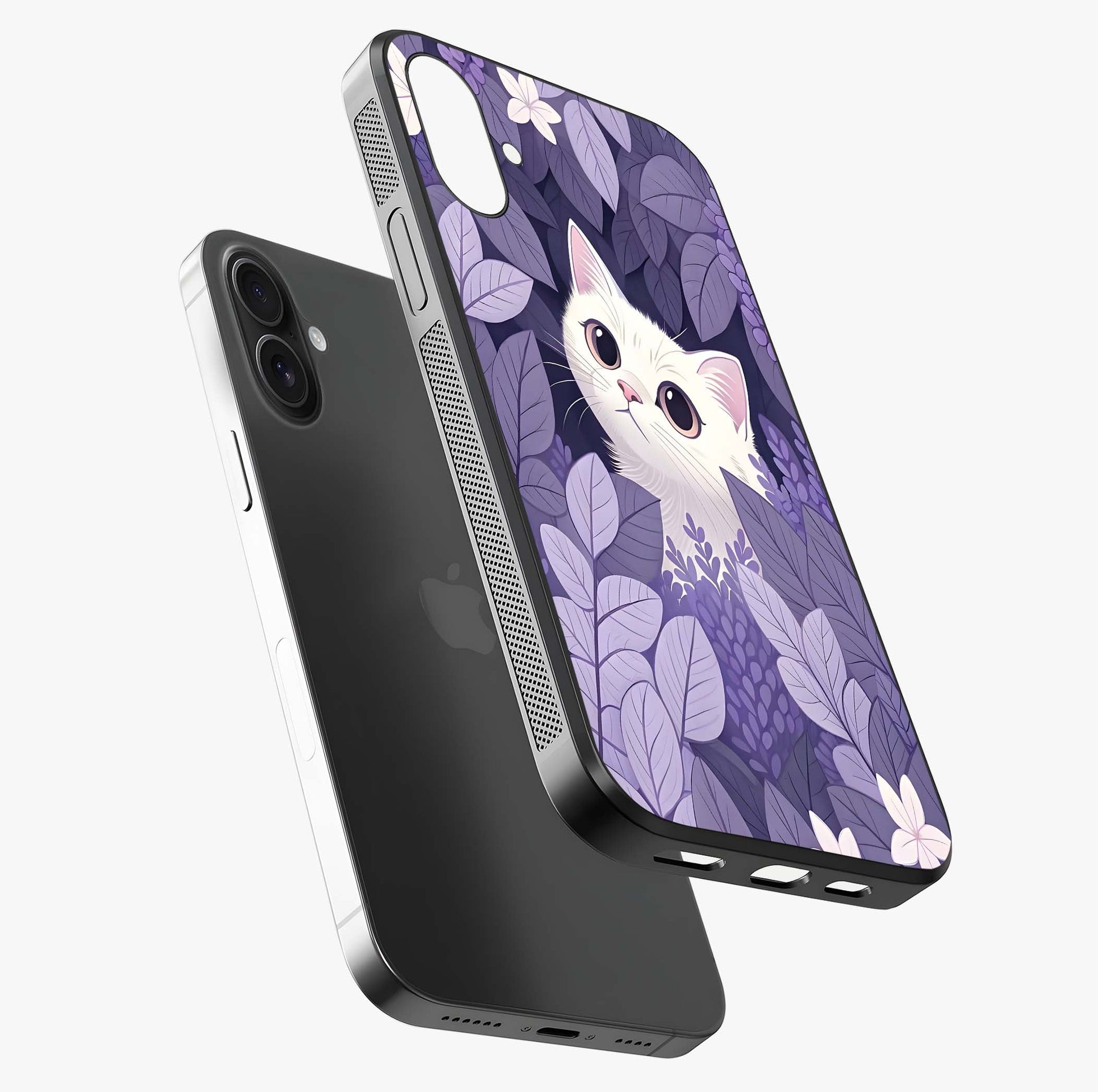 Lilac Hide Peek Cat Glass Case laid diagonally highlighting side profile, edges and glossy glass shine.