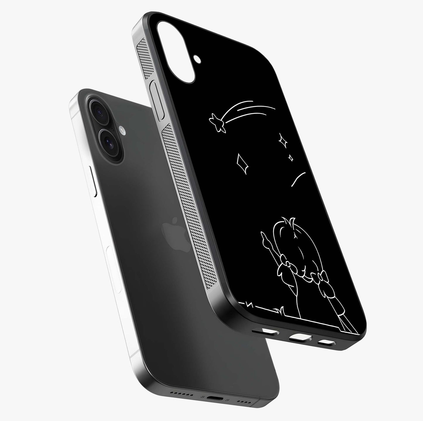 Line Art Girl With Shooting Stars Glass Case laid diagonally highlighting side profile, edges and glossy glass shine.