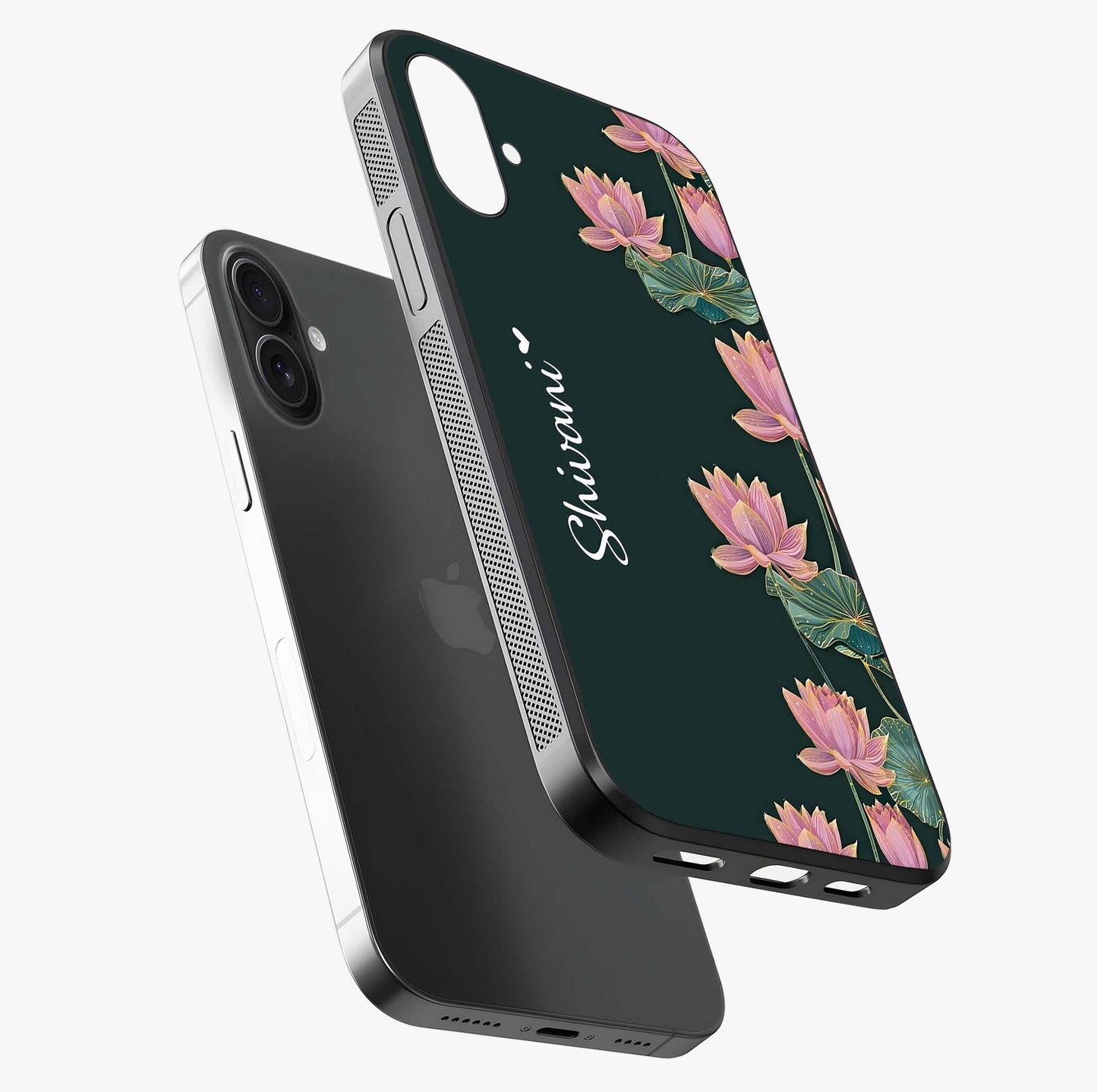 Lotus Bloom Serenity Custom Name Glass Case laid diagonally highlighting side profile, edges and glossy glass shine.
