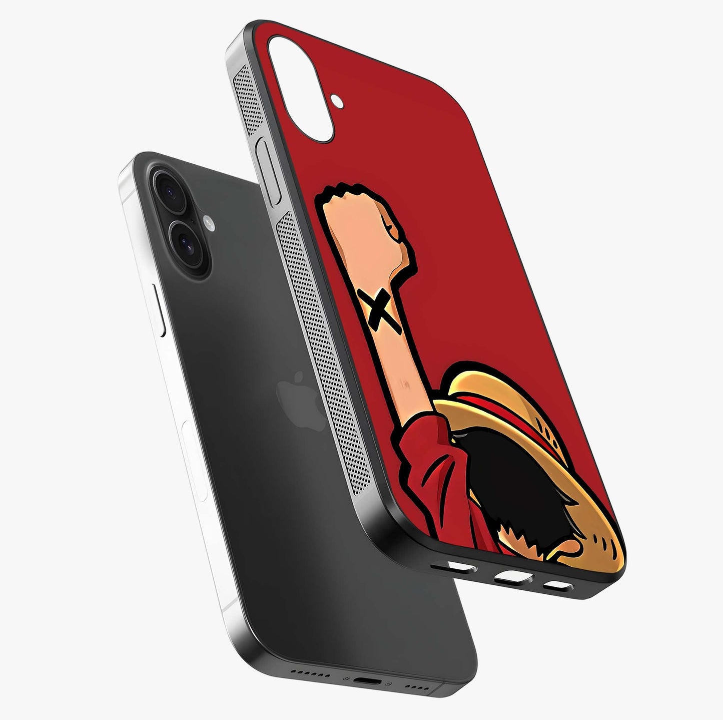 Luffy X Spirit Glass Case laid diagonally highlighting side profile, edges and glossy glass shine.
